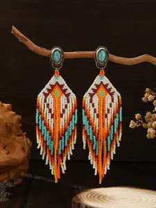 Women's Fashion Tassel Earrings Bohemian Style Vintage Native American Geometric Brick Stitch Pattern Handmade Beaded Tassel Earrings