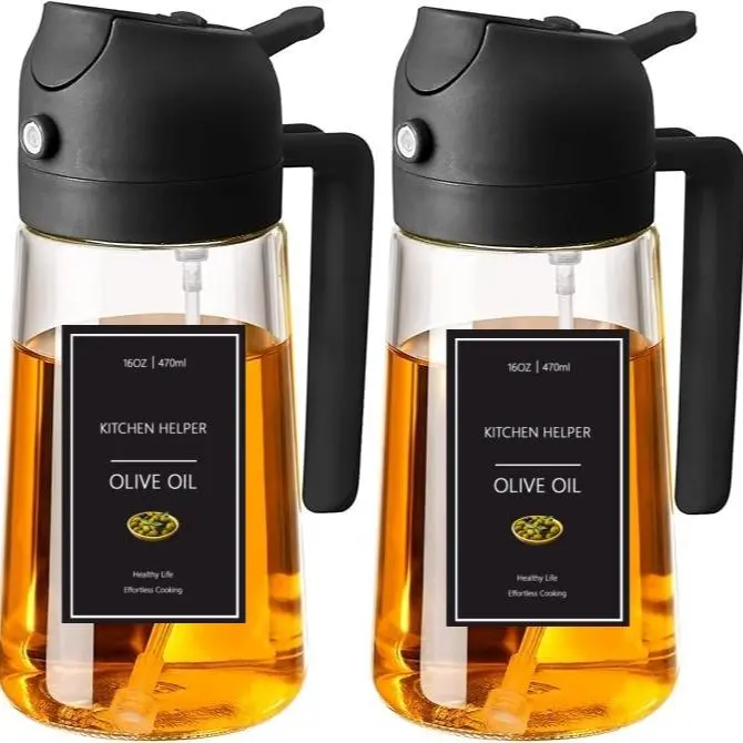 2-Count 2-in-1 Light-Blocking Dark Green Glass Oil Sprayer with Nozzle, 16oz/470ml Food-Grade Kitchen Utensils, Oil Dispenser Bottle for Air Fryer, BBQ