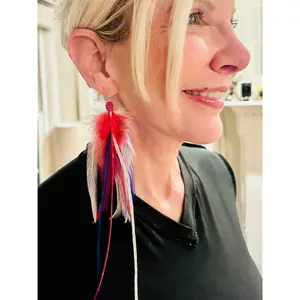 The America – Red White Blue Feather Earrings 8 Inch | Patriotic Statement Earrings | Long Boho Earrings