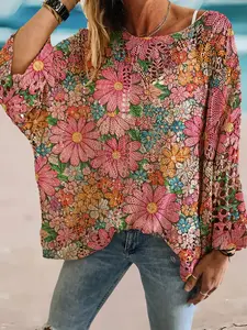 Spring and summer round neck diamond hollow batwing sleeve women's top Blouse, stylish and unique floral print, versatile for commuting, casual, elegant and perfect for vacation.