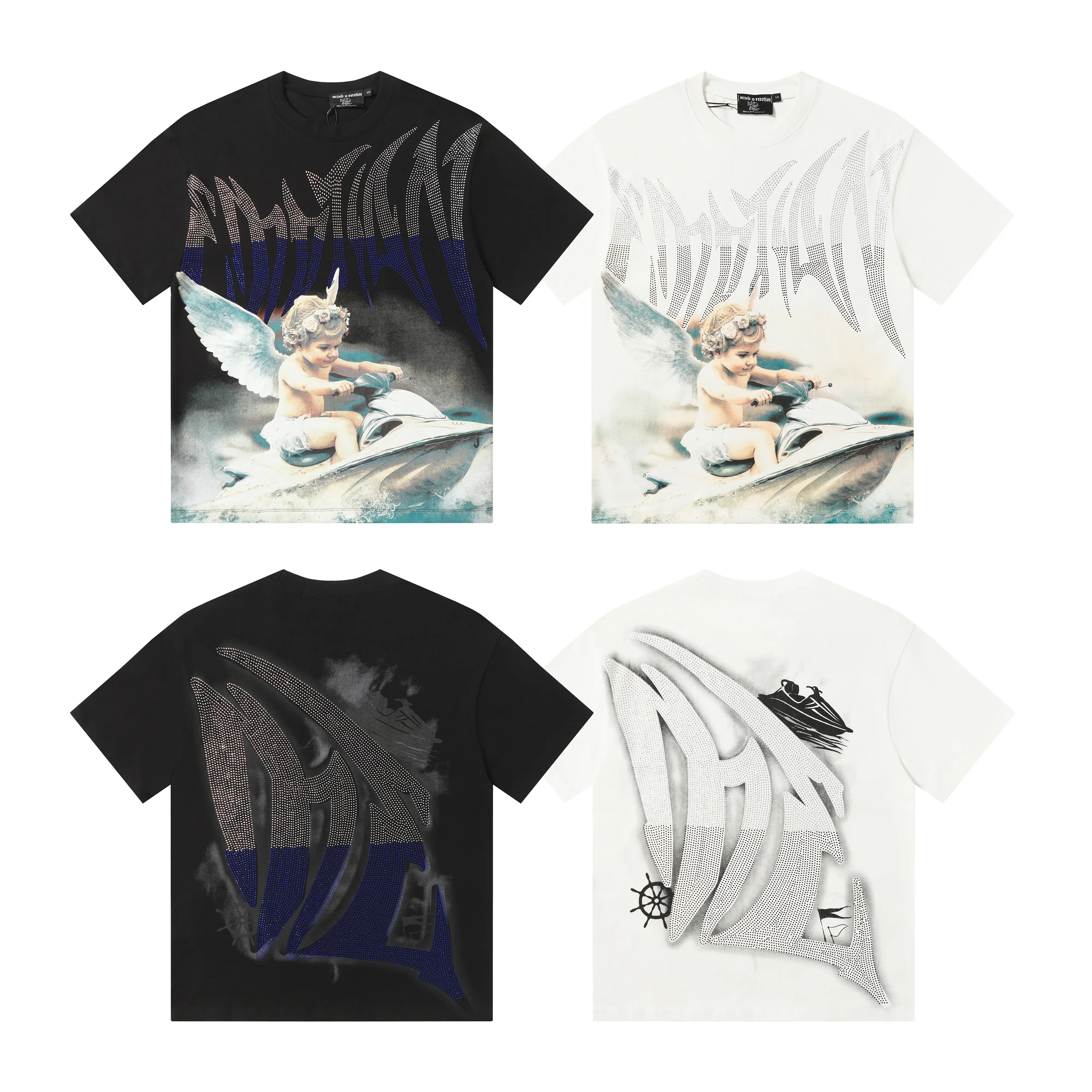 Mixed Emotion Cherub Jet Ski Graphic T-Shirt, Angel Rider Ocean Artwork with Rhinestone Gothic Logo Front and Back Print, Black White Oversized Graphic Tees for Men Women, Y2K Summer Streetwear Fashion Accessories