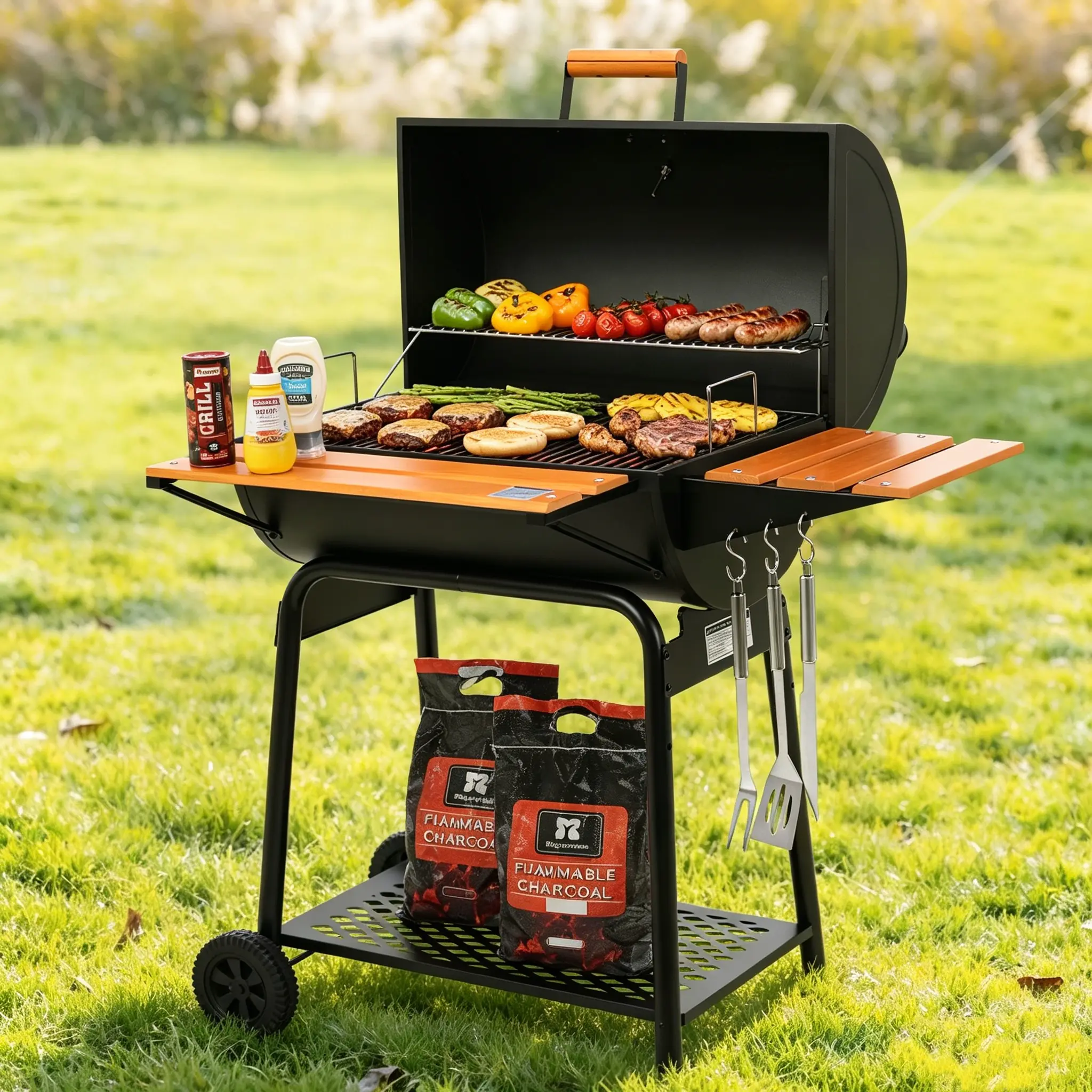 Royal Gourmet 30-Inch Barrel Charcoal Grill with Wood-Painted Side and Front Table, Barbecue Grill for Outdoor Picnic, Patio Backyard Cooking