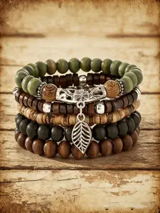 5pcs Vintage Wood Bead Coconut Shell Bracelet Set, Bohemian Handmade Beaded Jewelry, Colorful Elastic Thread, Elegant Fashion Accessories