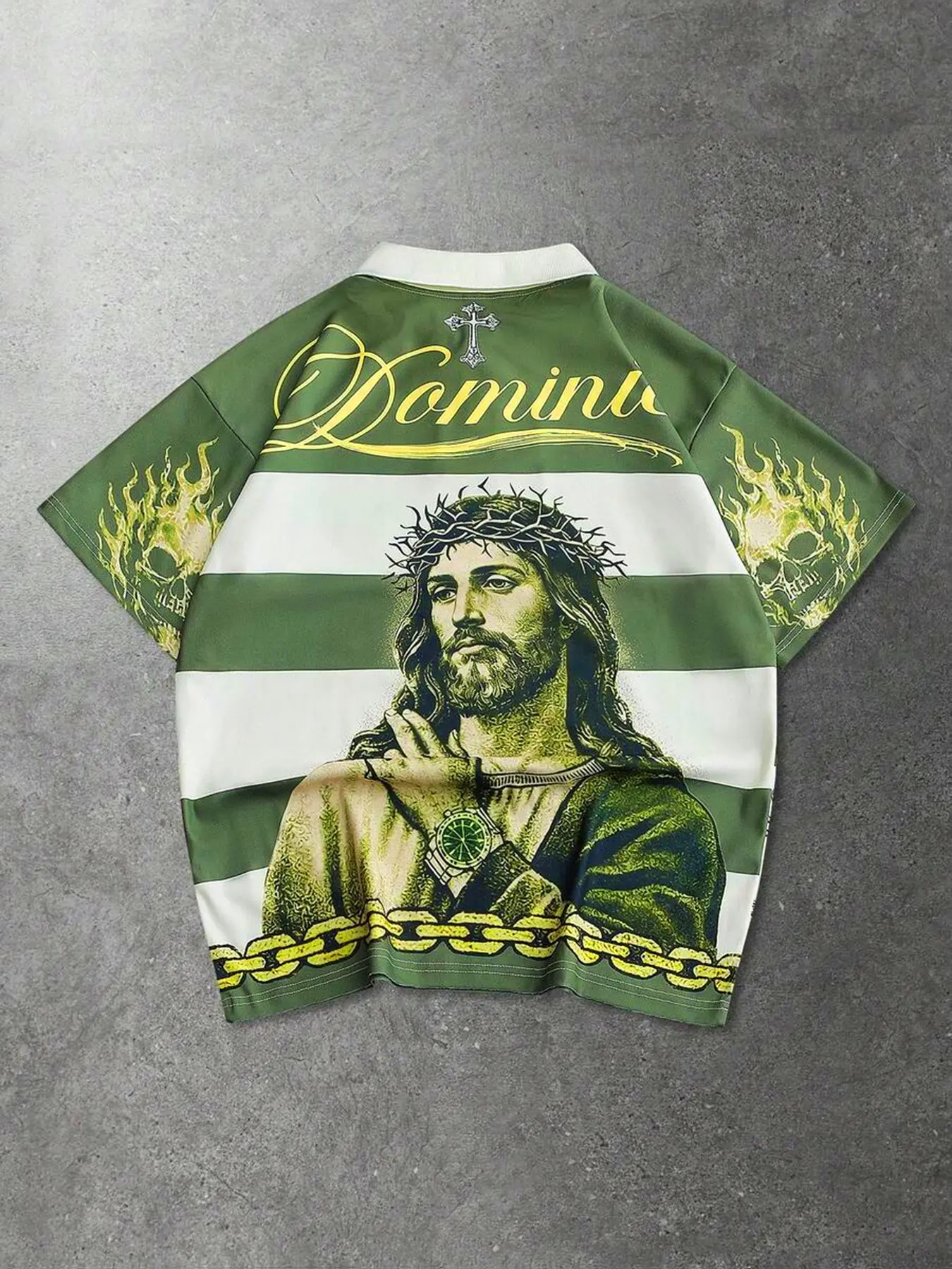 Men's Retro Striped Polo T-Shirt, Printed Polo Tops, Oversized Baggy Loose Fit, Street Style, Casual, Streetwear, Breathable Quick-Dry, Summer Fashion, Unique Aesthetic Design, Skull Flame Print