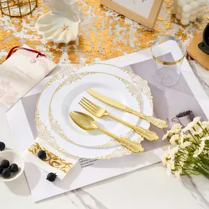 Luxury Gold 350-PCS Disposable Dinnerware Set | Elegant Lace Design Plates & Gold Cutlery | Complete for 50 Guests Wedding & Party Needs #ElegantParty #WeddingSupplies