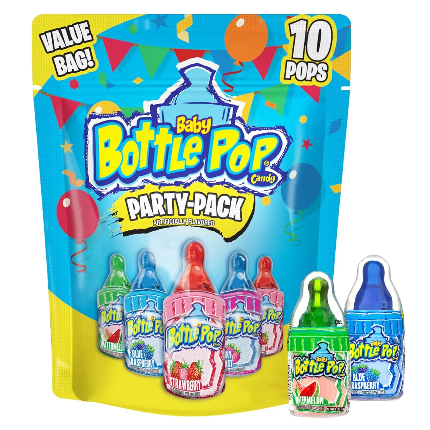 Baby Bottle Pop Candy Lollipops Variety Party Pack - 10 Count Suckers w\/Powdered Dip in Assorted Fruity Flavors - Bulk Candy for Party Favors, Goodie Bags, Birthdays, Baby Showers