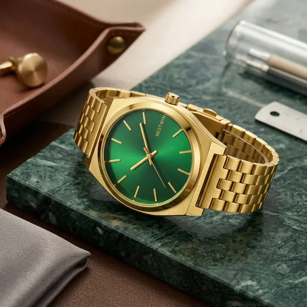 Men's Luxury Gold Quartz Water-Resistant Watch, Stainless Steel Strap, Vibrant Green Sunburst Dial, Classic Analog Wristwatch for Modern Gentlemen