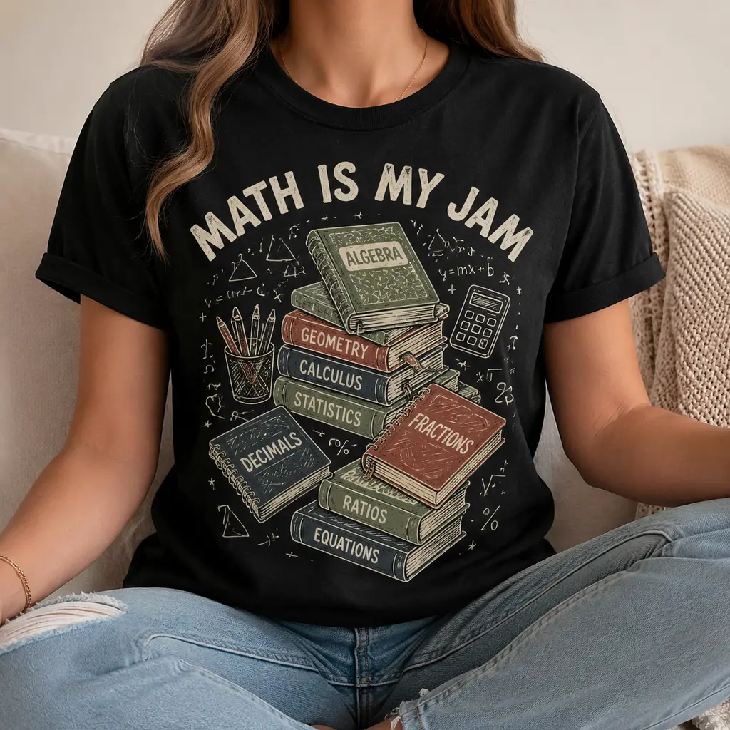 Math Is My Jam Stacked Math Textbook Calculator Pencil Geometry Formula Doodle Math Teacher Back To School Graphic T-Shirt, Unisex Oversized Tshirt Women Math Educator Casual Soft Loungewear Short Sleeve