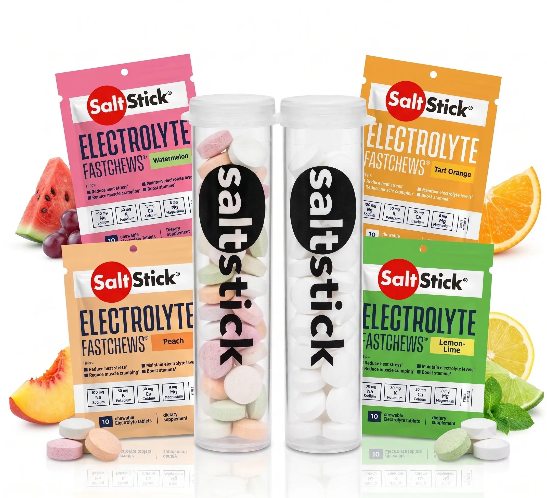 SaltStick Fastchews, Electrolyte Replacement Tablets for Rehydration, Exercise Recovery, Youth & Adult Athletes, Hiking, Sports Recovery, 10ct Variety 4-Pack With Race Ready Tubes