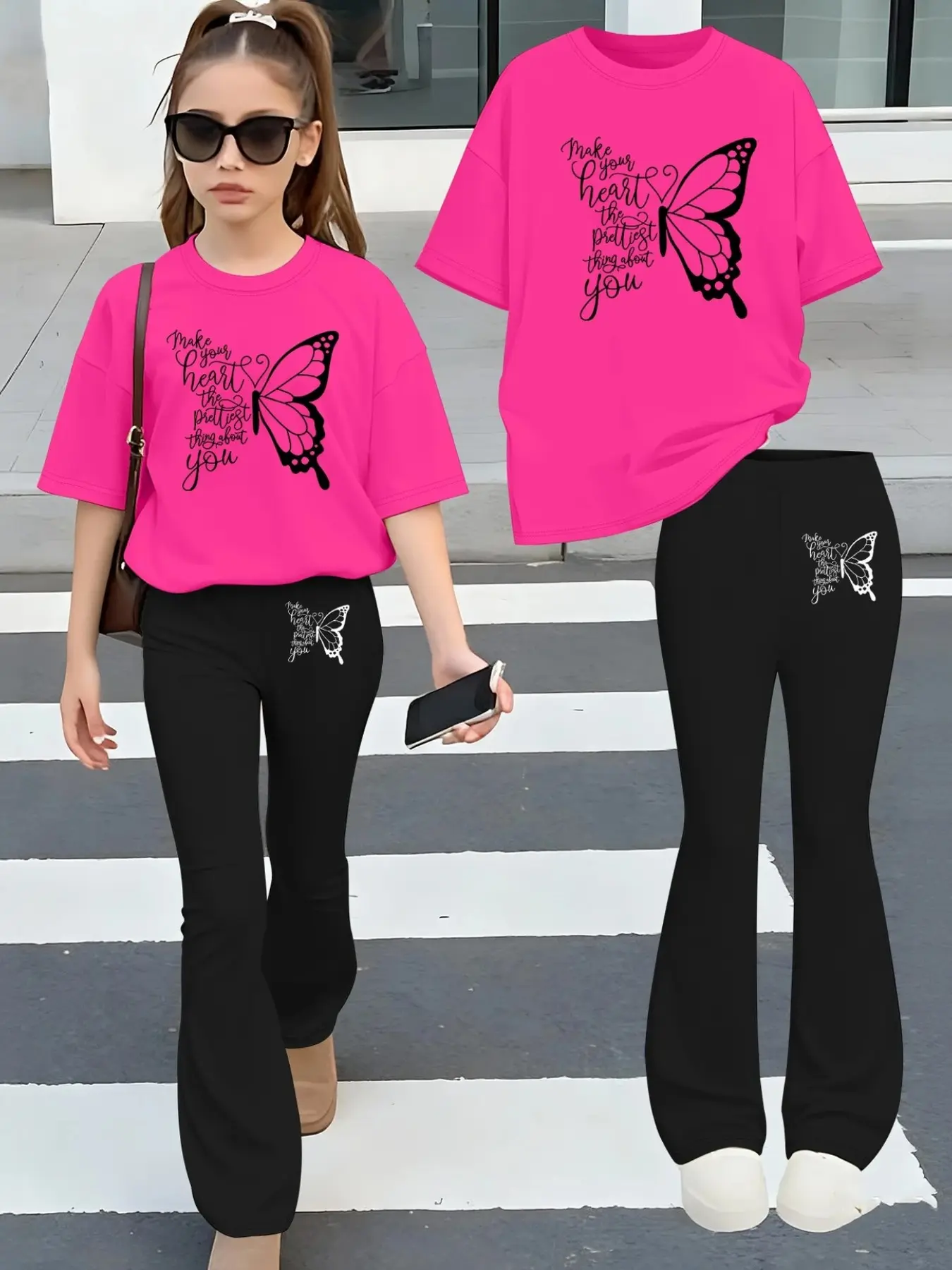 2-Piece Girl Summer Fashion Set, Printed Short Sleeve T-Shirt and Bell Bottom Pants, Casual Outdoor for All Seasons, Co Ord Set