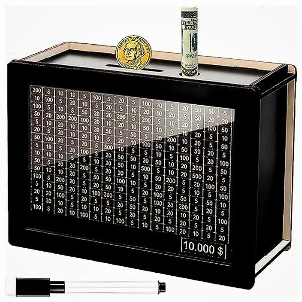 Wooden Piggy Bank Cash Coin Jar with 10,000 Savings Challenge, 8 Targets, Compact Durable Home Decor Code Lock Vault, Kakeibo Wrapped Gift Money Box, Coin Smash Saver (Black), Coins