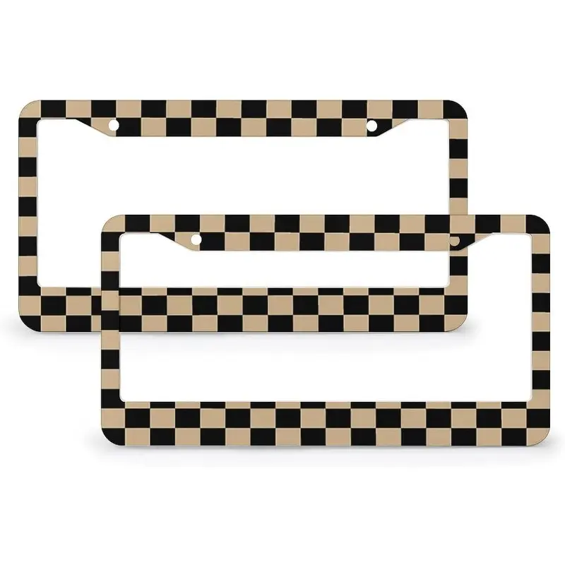 Black and Tan Brown Checkerboard License Plate Frame Protector - 2 Pack Tags Frames Holder Covers, Automotive Car Accessories, Car Decorative Tag Frames for Standard Us Canada License Plate Holder 2 Holes 12.2X6.3 Inch
