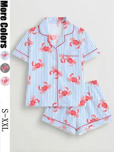 Women's 2-Piece Crab Print Pajama Set, Short Sleeve Button-Up Top & Elastic Shorts, Casual All-Season Sleepwear & Loungewear Homewear for Home & Party