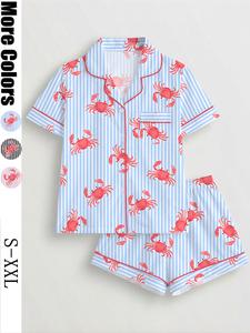 Women's 2-Piece Crab Print Pajama Set, Short Sleeve Button-Up Top & Elastic Shorts, Casual All-Season Sleepwear & Loungewear Homewear for Home & Party