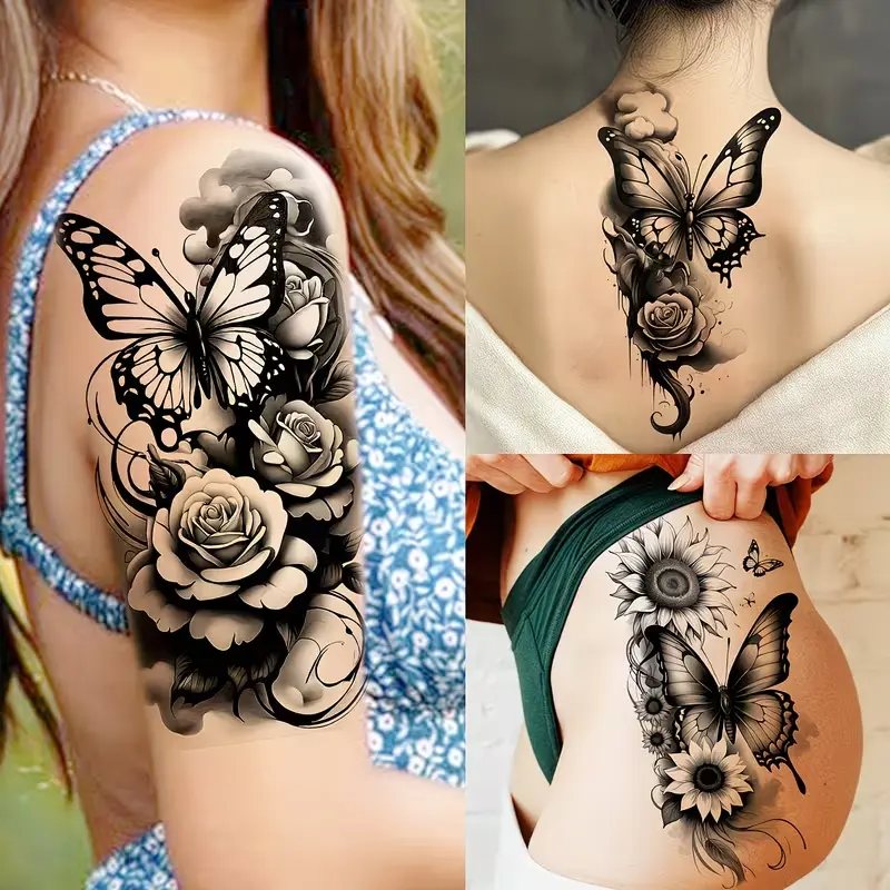 Sensitive-Skin Removable Temporary Tattoo Sheets Accessories, 12 Sheets 12cm×19cm Half Sleeve Waterproof Gothic Blackwork Fake Tattoos for Women, Rose Butterfly Owl Inked Aesthetic Art for Festival Rave