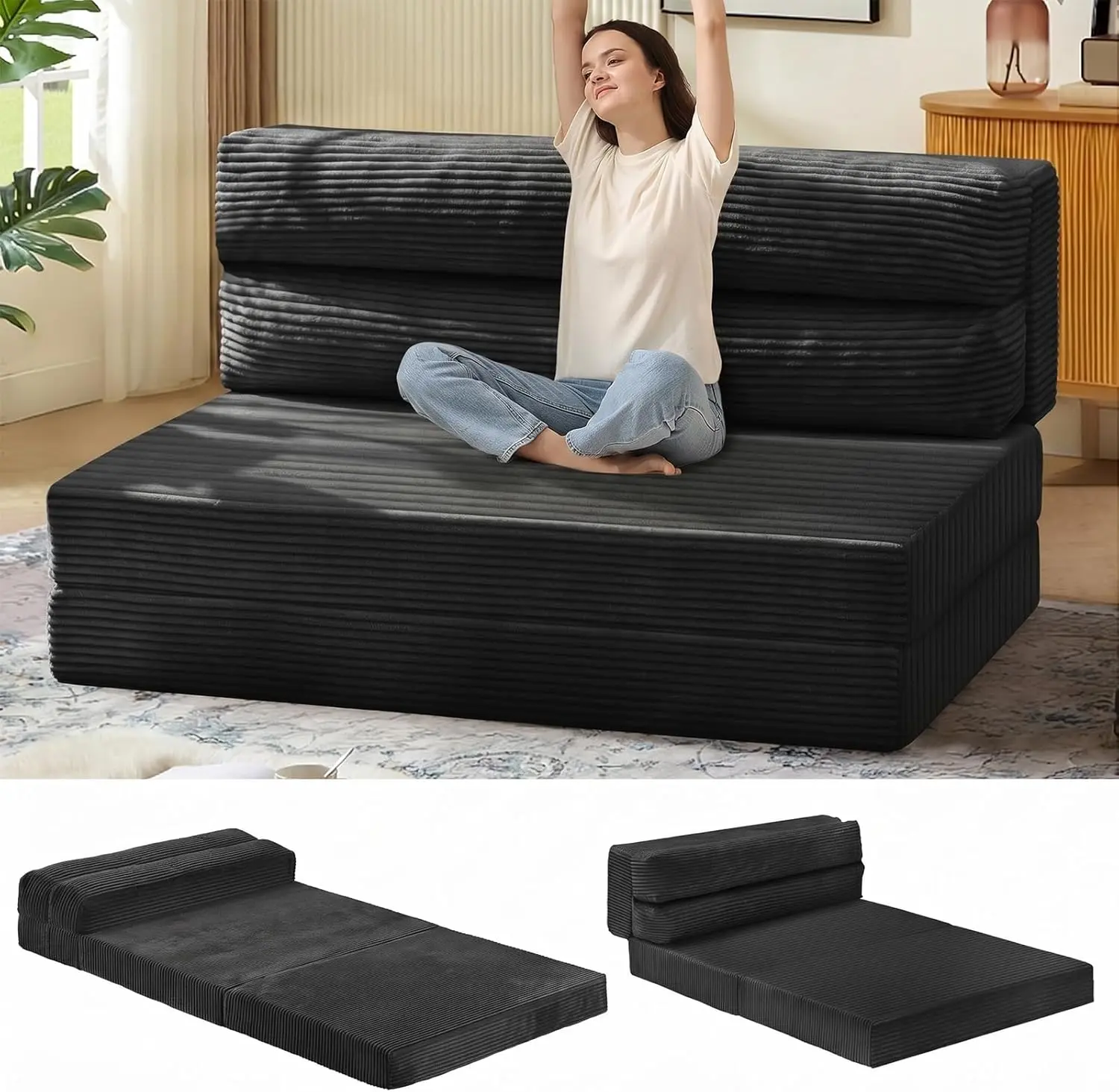 2-in-1 Compact Foam Pull-Out Sofa Bed - Foldable Convertible Chair with Breathable Fold-Down Mattress & Pillow, Portable Multi-Use Floor Couch for Loft Apartments Lounge Use