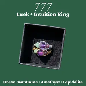 777 Angel Number Inspired Crystal Ring for Luck & Intuition with Green Aventurine Amethyst & Lepidolite