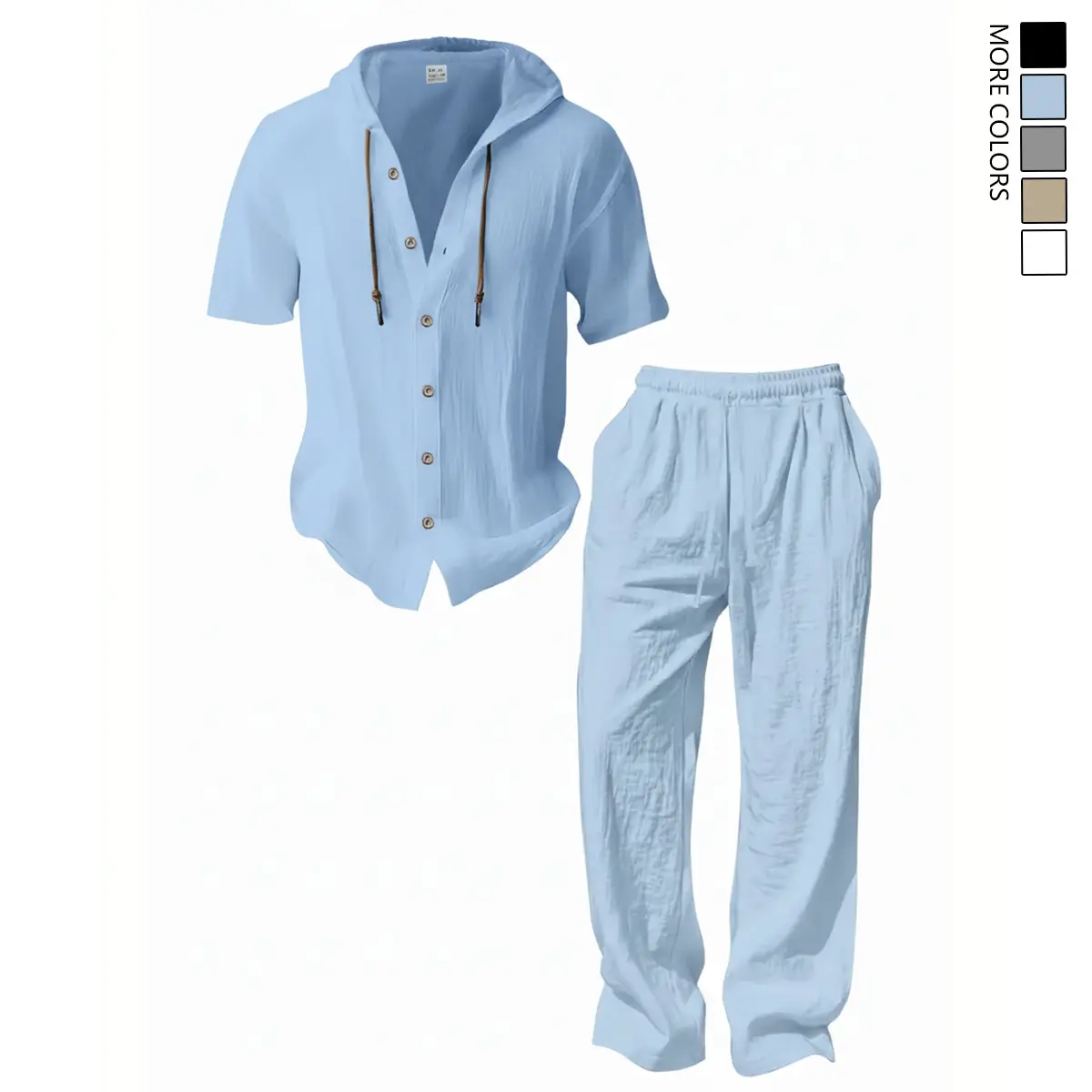 Men's 2 Piece Sets, Casual Plain Linen Hooded Shortsleeve Shirt with Buttons and Elastic Waist Pants, Breathable Menswear for Beach Vacations, Hooded Top