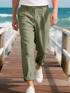 Men's solid color linen Adjustable Drawstring Waist jogging pants, leisure sports with waist buckle pocket trousers: suitable for all seasons, fashion men's daily outfit body, street style casual pants, office commuting pants, Casual Comfy Trouser