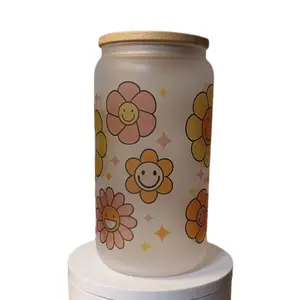 Smiley Retro Flowers Sublimated Design 16oz Frosted beer can glass with Bamboo Lid and  Reusable Straw Drink Drinkware Beverage Colorful