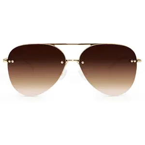 Smaller Megan 2 Faded Brown Metal Aviator Sunglasses - Wrap Around Rimless Design UV400 Protection Sustainable Material