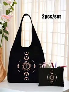 Fashionable Unique Bags, Sun Moon Star Print Canvas Casual Shoulder Bag, Messenger Handbag, Small Makeup Pouch, Valentine's Gift, Wedding Bridesmaid Bag, Geometric Pattern Bag, Lightweight Bag, Versatile Bag