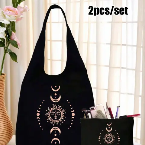 Fashionable Unique Bags, Sun Moon Star Print Canvas Casual Shoulder Bag, Messenger Handbag, Small Makeup Pouch, Valentine's Gift, Wedding Bridesmaid Bag, Geometric Pattern Bag, Lightweight Bag, Versatile Bag, Fashionable Patterned Bag, Casual Purse
