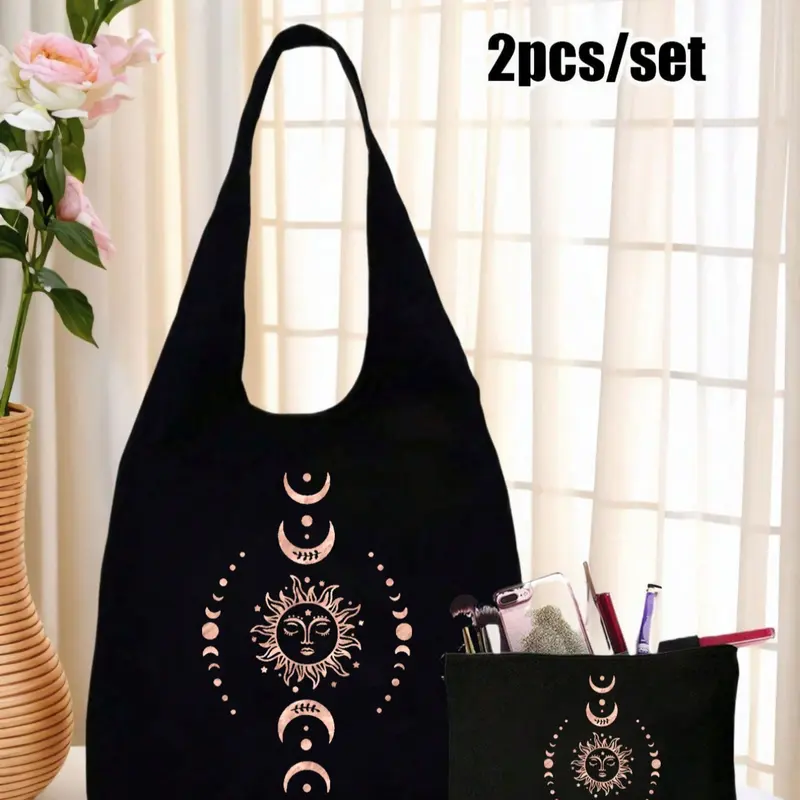 Fashionable Unique Bags, Sun Moon Star Print Canvas Casual Shoulder Bag, Messenger Handbag, Small Makeup Pouch, Valentine's Gift, Wedding Bridesmaid Bag, Geometric Pattern Bag, Lightweight Bag, Versatile Bag, Fashionable Patterned Bag, Casual Purse