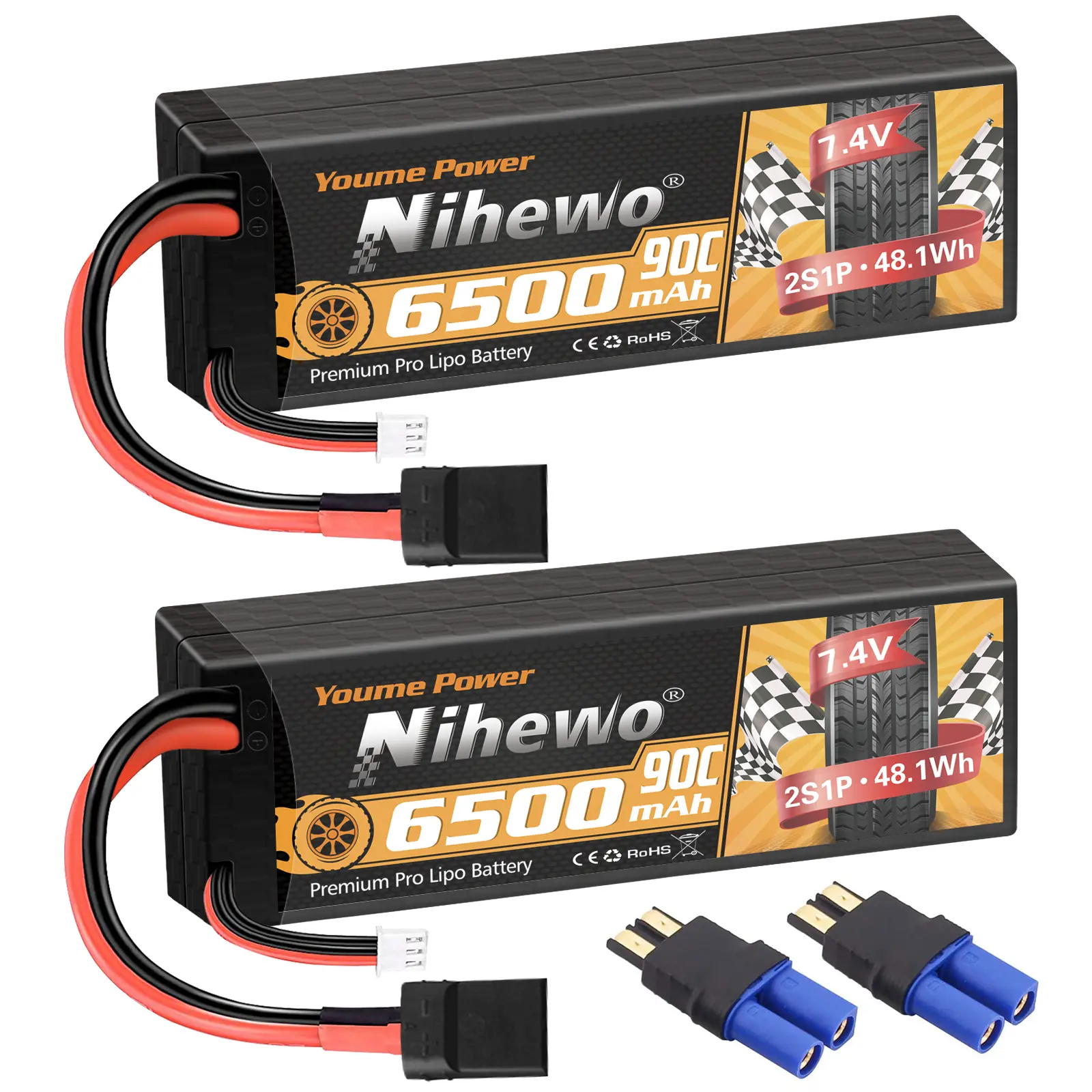 Nihewo 2-Pack 7.4V 6500mAh 90C Hard Case Lipo 2S Lithium Rechargeable Batteries with Tr Plug + EC5 Adapter, Compatible with 1/8, 1/10 RC Trucks, Cars, Truggies, Buggy Racing Models, Lithium Rechargeable Battery