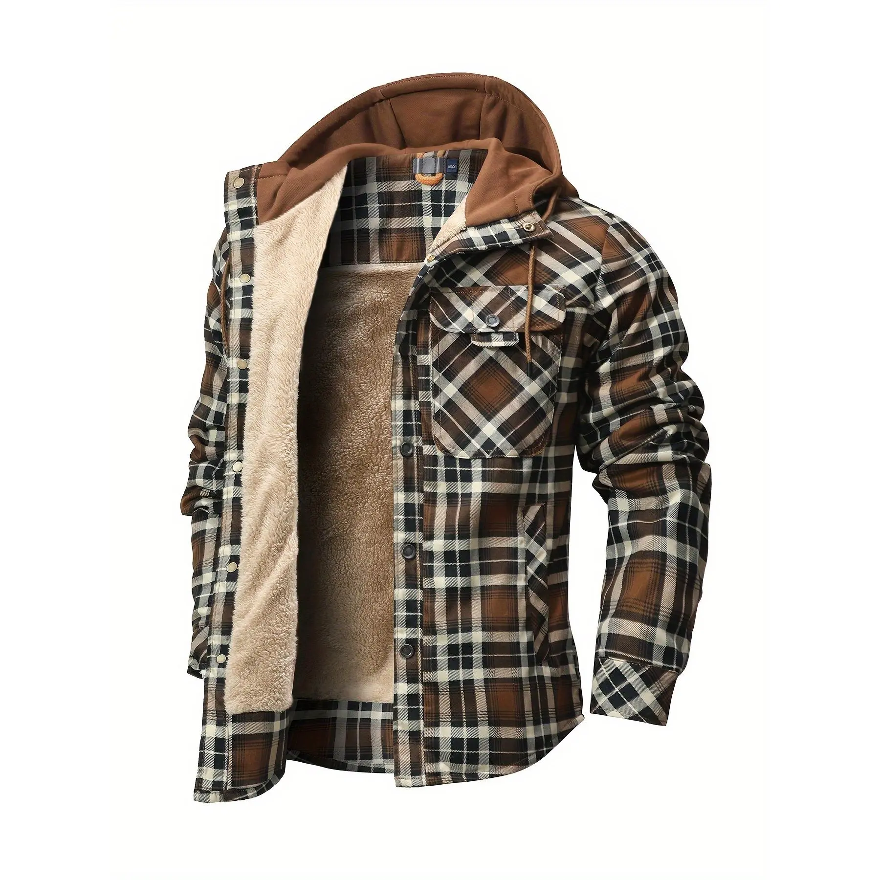 Men's Plaid Flannel Hooded Jacket with Shirt Collar & Asymmetrical Button Closure, Beige/Brown/White/Black Tartan Coat, Casual & Smart-Casual Wear, Machine Washable, Spring/Fall Outerwear