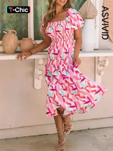 Women's elegant boho mid length Square Neck High Waist dress with all-over print, smocked bust, ruffled details and tiered layers