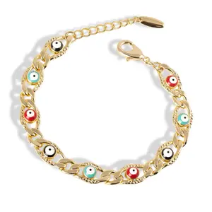 14K Gold Plated Evil Eye Bracelet 7" + 2" Extension Adjustable Fit with Colorful Eye Design for Everyday Wear & Good Vibes Protection Style
