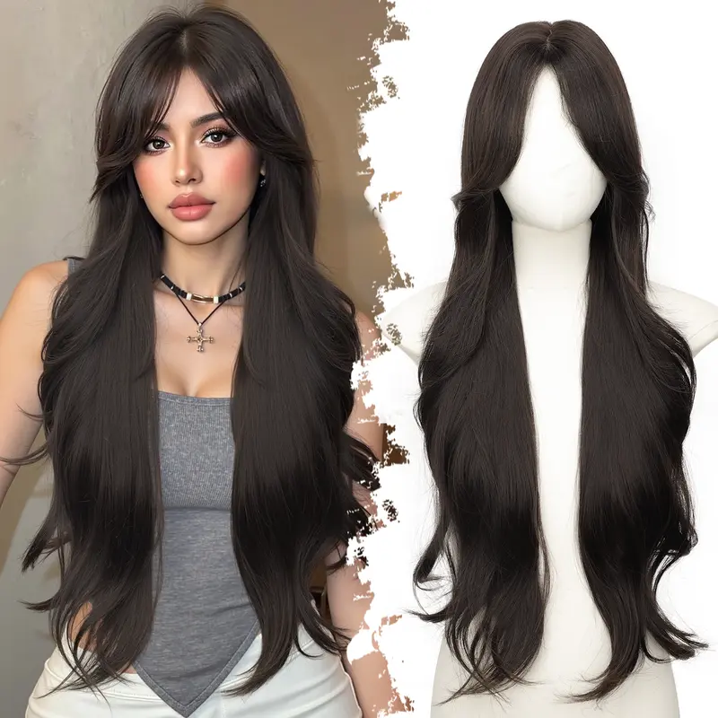 AISI HAIR Female 28-in Summervibes Synthetic Full Machine Wig, Long Dark Brown, 2x4 Realistic Scalp, Free Parting, Layered, Heat Resistant Heat Friendly Wig, for Daily Party Use