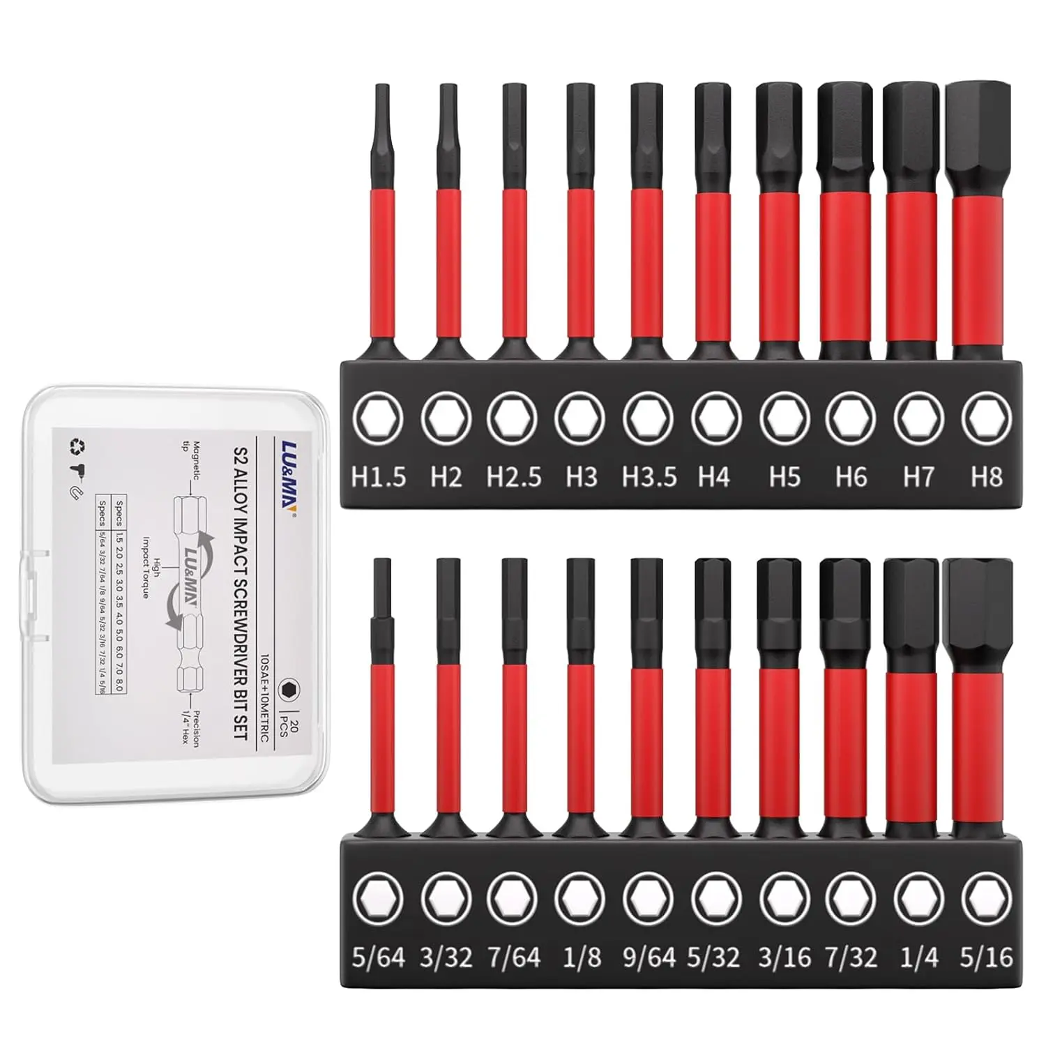 Impact Hex Head Allen Wrench Drill Bit Set, Metric and SAE Sizes (Red, 2" 22PCS(Metric&SAE))