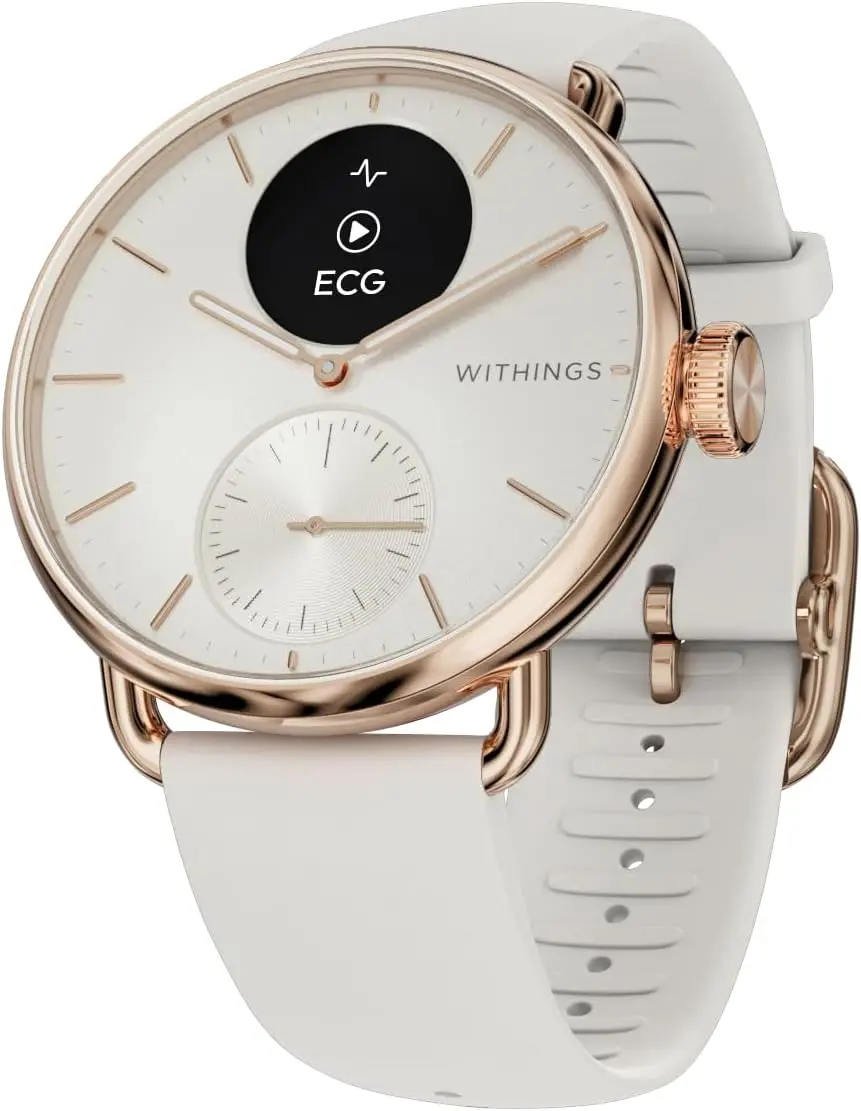 WITHINGS ScanWatch 2 - Hybrid Smart Watch, Heart Rate Monitoring, Fitness Tracker, Cycle Tracker, Sleep Monitoring, GPS Tracker, 30-Day Battery Life, Android & Apple Compatible, HSA/FSA, White & Rose Gold, 38mm