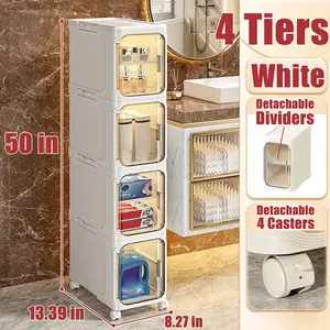 Narrow Storage Unit Transparent View Door Magnetic Design Collapsible No Assembly Rolling Wheels Space Saver Organizer