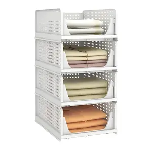 Stackable Plastic Storage Basket-Foldable Closet Organizers and Storage Bins 4 Pack-Drawer Shelf Storage Container Lightweight Slide Waterproof