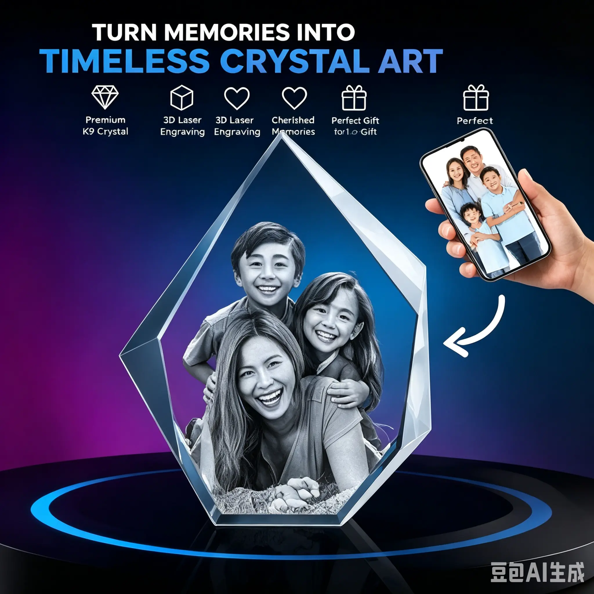 Personalized 3D Laser‑Engraved K‑9 Crystal Ornament, Custom Your Family Photo Inside Crystal, Memorial Keepsake Gift with Optional LED Light Base