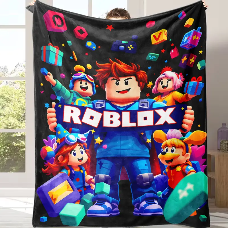 Countdown Sale! Roblox Flannel Print Blanket - Soft, Skin-Friendly, Breathable, Block-Design Warm Nap Blanket for Bedroom, Office, Travel, Halloween & Christmas Gifts, Flannel Print Blankets
