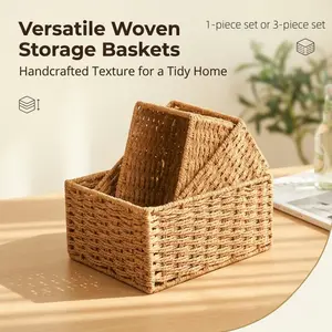 Three-piece or single-piece sets of multi-size hand-woven rectangular storage baskets, 1/3-piece sets, durable rope-woven storage baskets, suitable for home storage.
