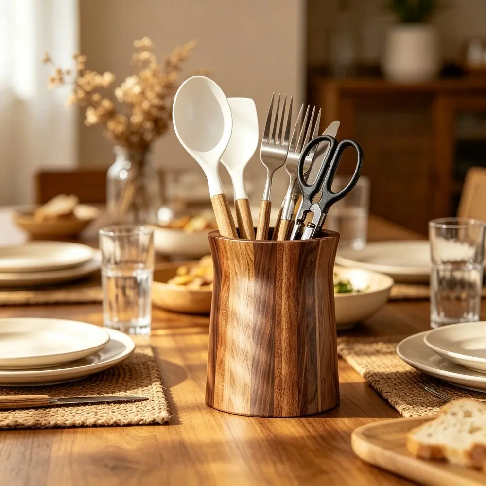 Wooden 360-Degree Rotating Utensil Holder Trapezoidal Smooth Surface Cutlery Storage Box Farmhouse Style Chopstick Cage Ladles