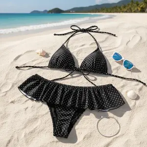 Fashion Ruffled Bikini Suit Slim Fit Deep-V Swimwear Set Lace Up Halter Neck Polka Dot Swimsuit Hot Girl
