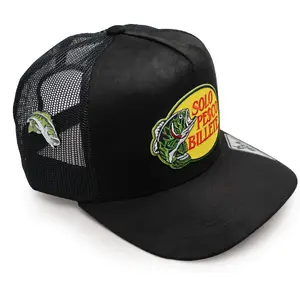 Black Sueded Mesh Hat w/ Solo Pesco Billete Design & Green Bass Pin – High Crown Snapback | Ranchero Chido