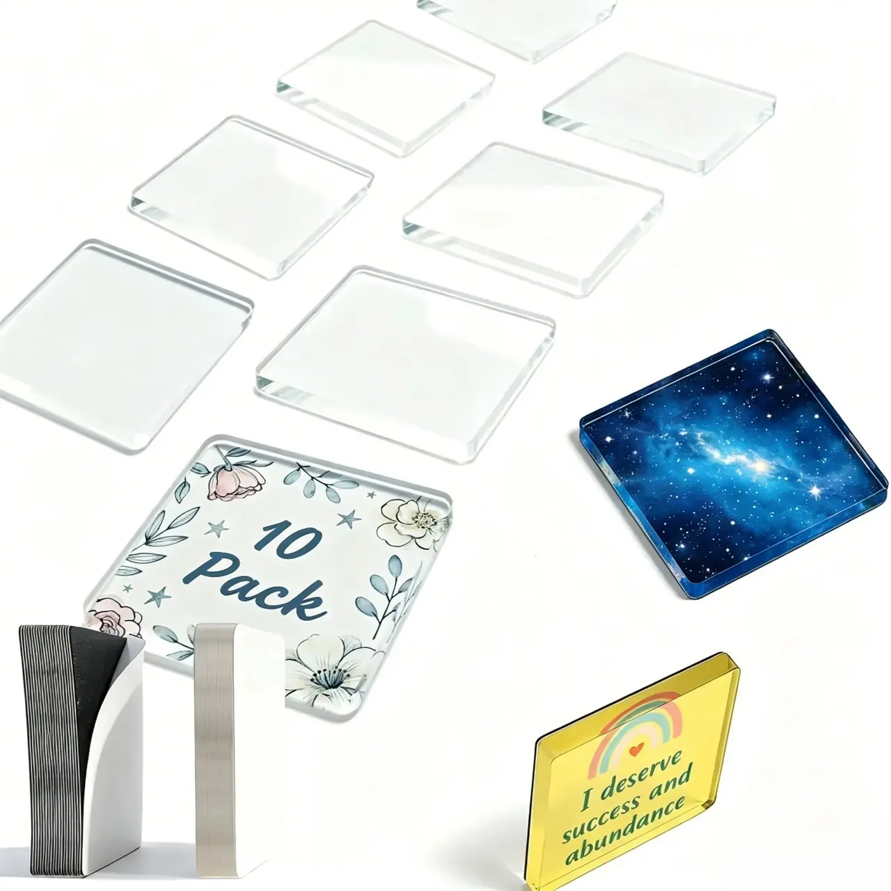 10 Pack 2"x2" Clear Acrylic DIY Fridge Magnets Set with Adhesive Backing – Square Magnetic Photo Frames for Crafts, Kitchen, Classroom, Party & Office Decoration