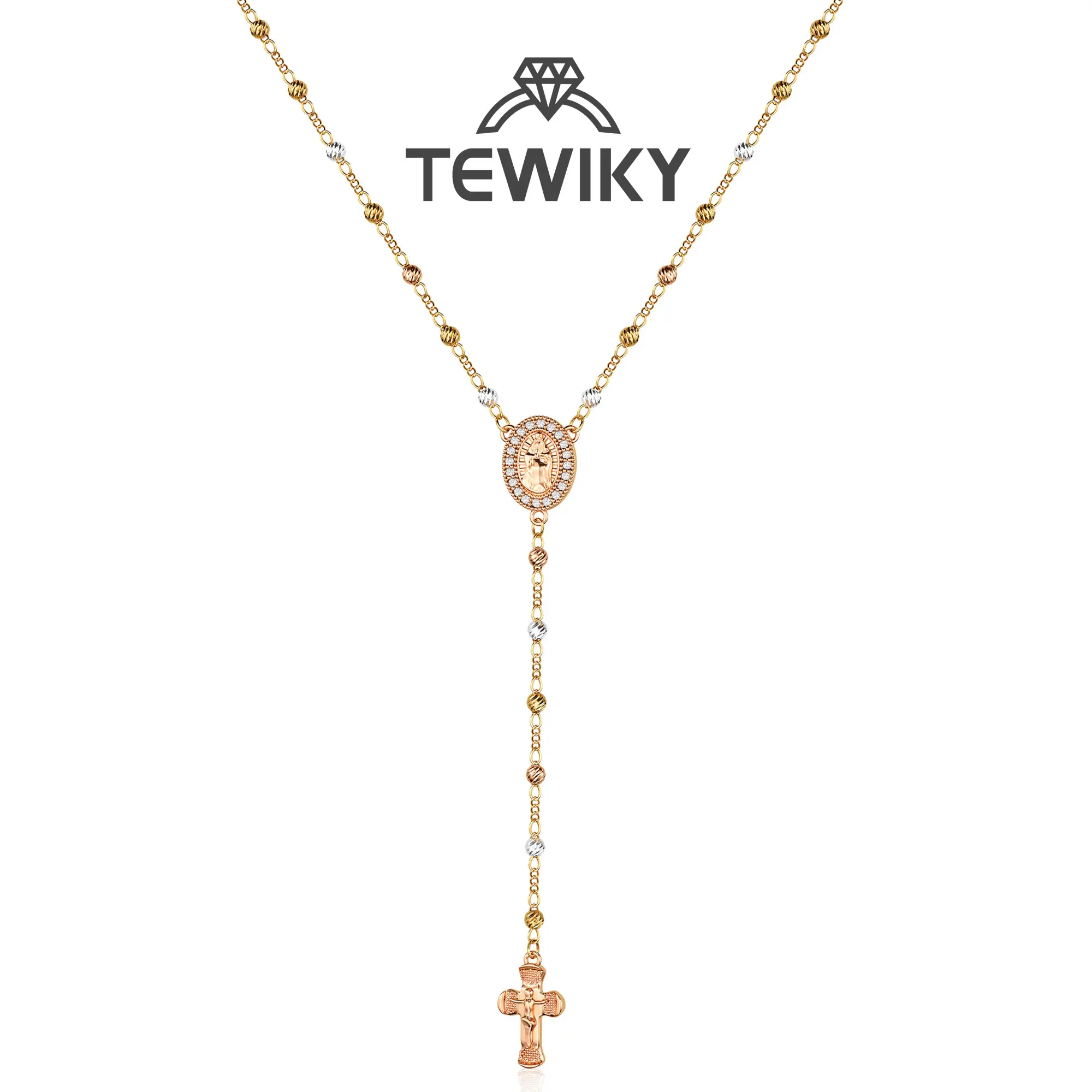 Tewiky 14K Gold Planted 4mm Copper Beads Rose Necklace for Women Gold Zircon Round Pendant Virgin Mary Y-Chain Rose Gold Jesus Cross Fashion Jewelry Set ForEaster Gift
