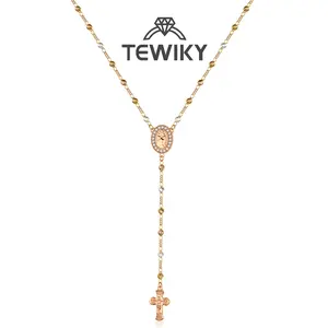 Tewiky 14K Gold Planted 4mm Copper Beads Rose Necklace for Women Gold Zircon Round Pendant Virgin Mary Y-Chain Rose Gold Jesus Cross Fashion Jewelry Set ForEaster Gift