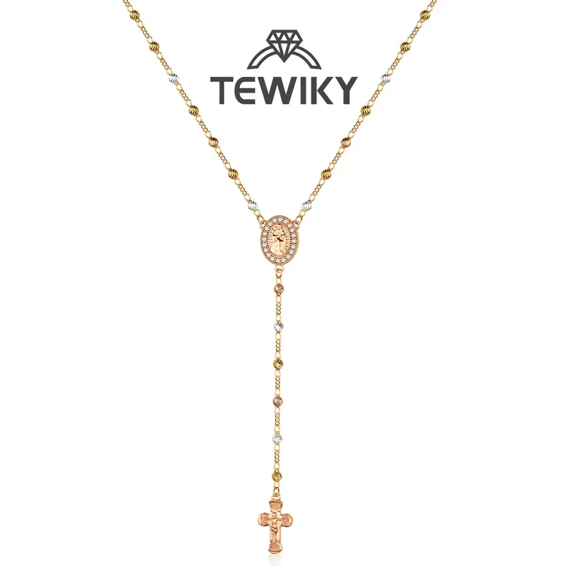 Tewiky Women's 14K Gold-Plated 4mm Copper Beads Jewelry Set - Y-Chain with Virgin Mary Zircon Pendant & Jesus Cross Necklace, Faith + Fashion Jewelry Gifts for Easter