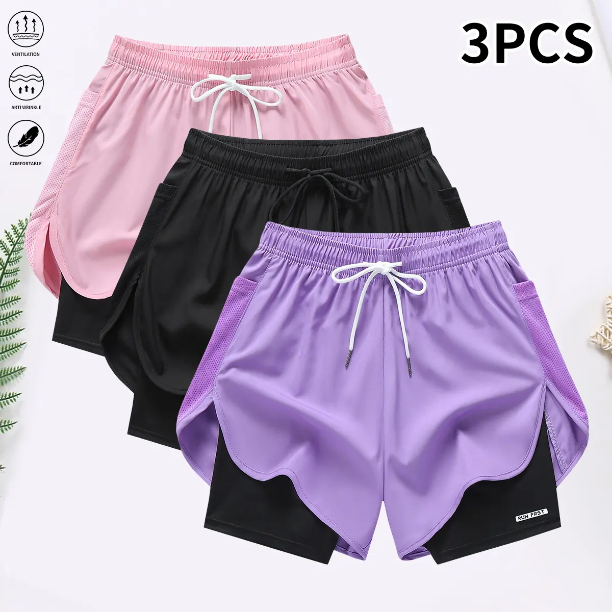 Sporty Activewear Two Piece Set, 3-piece set: women’s casual athletic shorts - built-in lining, drawstring, elastic waistband; suitable for sports, fitness, running, and wear;, summer, summervibes