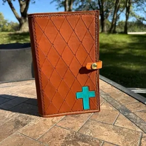 Handmade Bible Cover with Turquoise Cross and Brown Leather Quilted Design