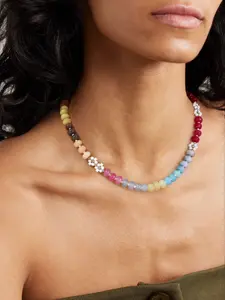 Women's Boho Style Handmade Beaded Flower Necklace, Natural Stone Pendant Jewelry for Summer Beach Vacation, Elegant Women's Accessory, Fashionable Jewelry Accessories, Trendy Jewelry